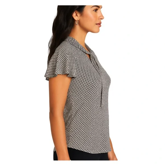 Adrianna Papell Tie Neck Blouse S Black Cream Geometric Flutter Sleeve NWT - Picture 3 of 14